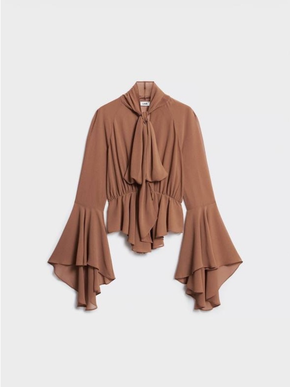 Lime High-Neck Ruffle Tie Blouse in Brown nwt